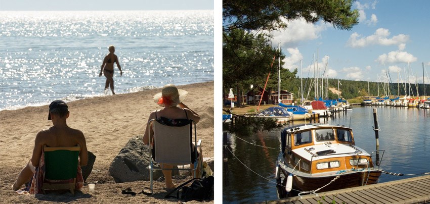 Två personer sitter i solstolar vid stranden i Baskarp. Bild två visar några båtar i Svedåns hamn.