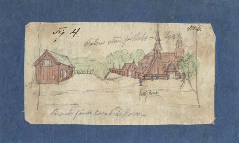 Teckning över Habo kyrkan och sockenstugan på gulnat papper.