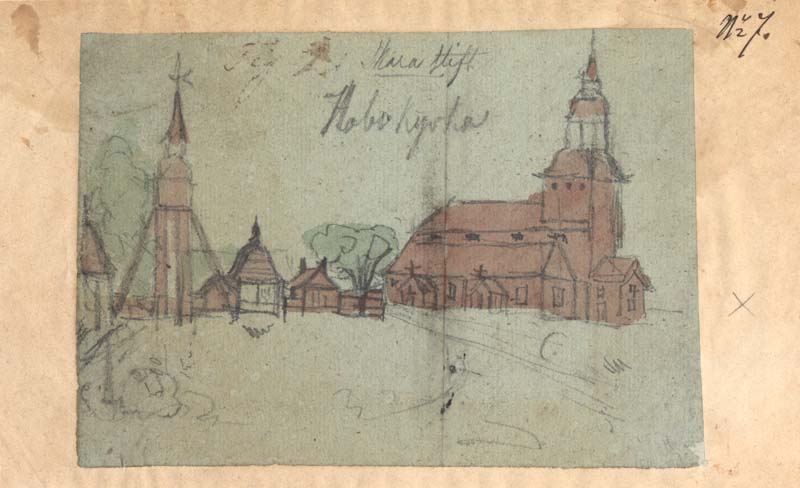 Teckning över Habo kyrkan och sockenstugan på gulnat papper.