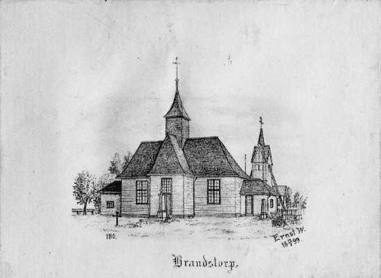 Skiss av Brandstorps kyrka signerad Ernst W 1899.