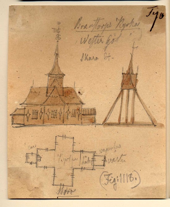 Enkel skiss och ritning över Brandstorps kyrka på ett gulnande papper.