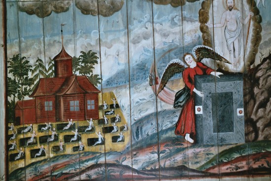 Målning på träplankor med en ängel, Brandstorps kyrka och öppna gravar. 