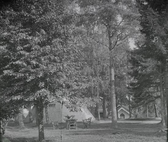 Gammal bild på ett trätält i skogen.