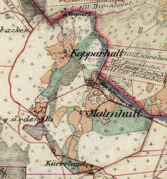 Gammal karta över Kopparhult och Malmhult.