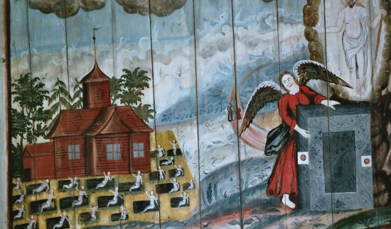 Målning av Habo kyrka, en ängel och gravplatser på en träfasad.