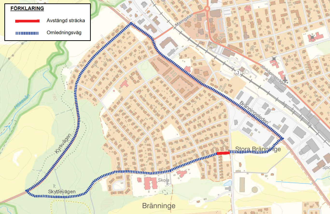 Karta som visar omledningsvägen