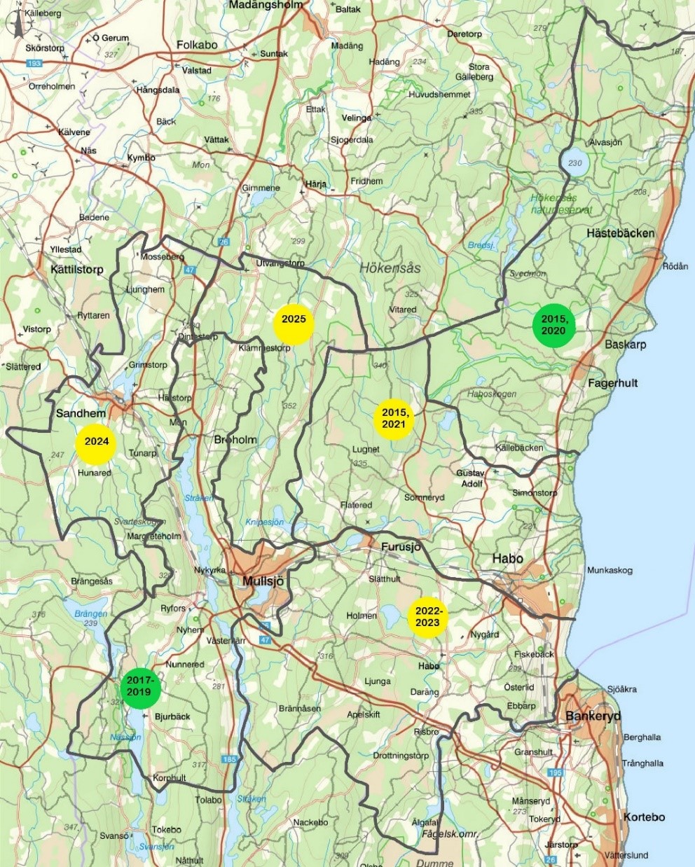 Kartbilden visar vilket år och i vilket område tillsynen av enskilda avlopp är planerad.