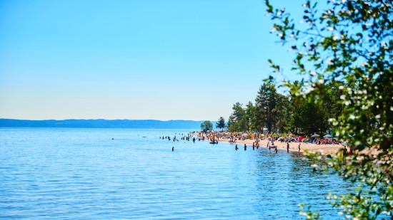 Sandstrand full med människor.
