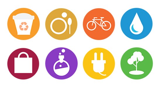 Symboler för avfall, mat, cykel, vatten, shopping, kemikalier, el och natur