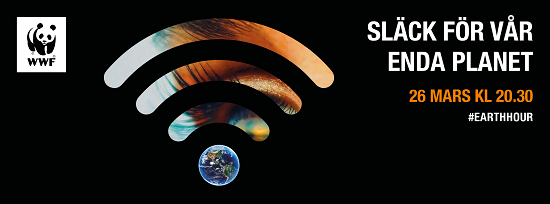 Earth Hour logotyp och uppmaning att släcka den 26 mars kl 20.30