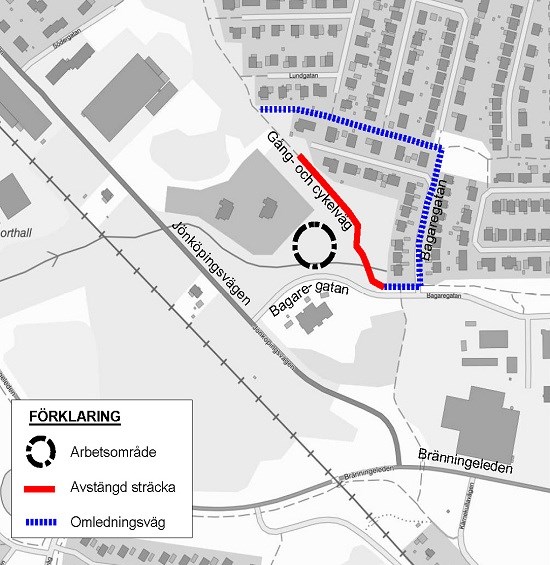 Karta som visar vart vallen byggs, och omledningsvägen