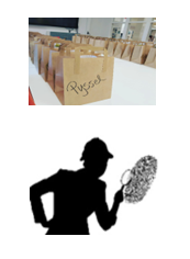 Pysselpåsar och en siluett av en person med förstoringsglas