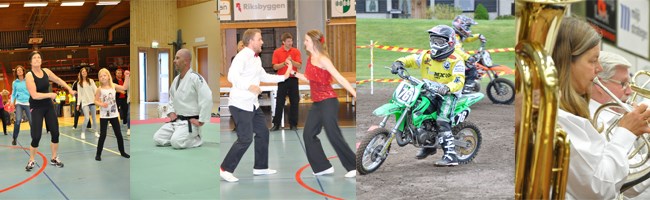 Ett collage visande olika föreningars verksamhet, såsom gymnastik, judo, dans och motocross.