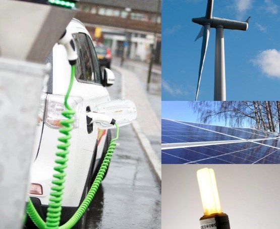 Kollage av elbil som laddas, ett vindkraftverk, solcellspaneler och en glödlampa.