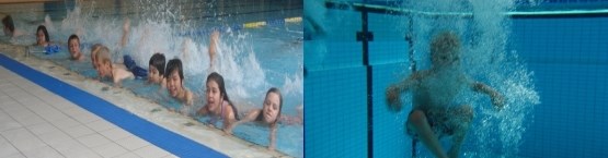 Mullsjö simhall med elever som gör bentag mot bassängkanten och undervattensbild på pojke.